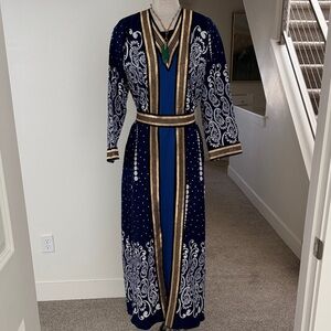 Elegant Navy Blue and Gold Embellished Abaya Dress